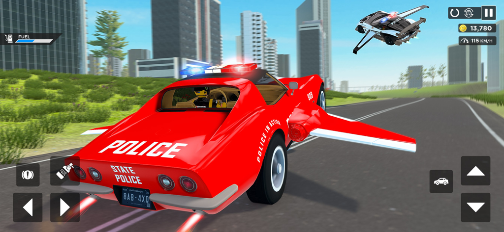 Flying Car Game: Police Games - Red police car with wings flying and driving in a city simulator