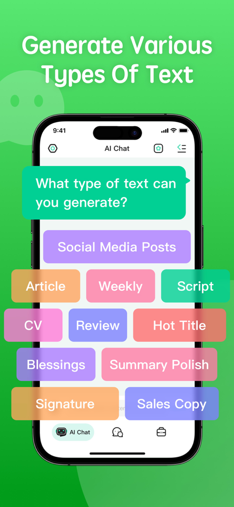 AI Chat interface in the Whats Web Duo app displaying various text generation options like social media posts and sales copy