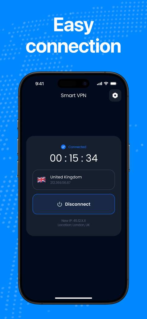 Secure & Rapid VPN - Smartphone interface of Secure & Rapid VPN showing a successful connection to a United Kingdom server.