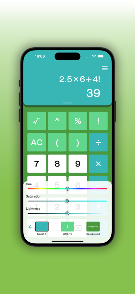 Simple Calculator for iOS - Interfaz de la aplicación Calculadora Simple para iOS que muestra la configuración de color personalizada y un tema verde.