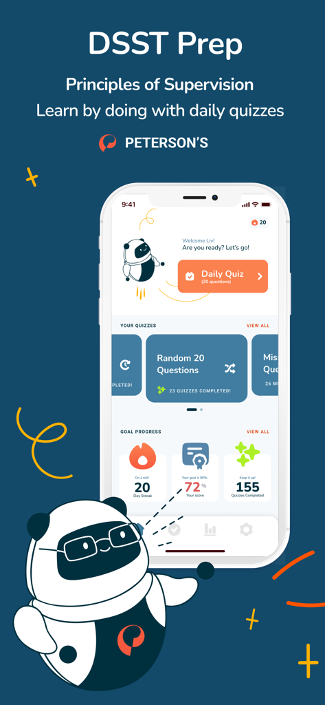 Principles of Supervision DSST prep app dashboard with daily quizzes and goal progress tracking