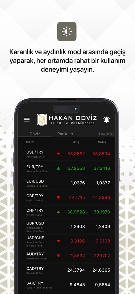 Hakan Döviz - Hakan Döviz 앱의 다크 모드 인터페이스는 실시간 환율을 보여줍니다