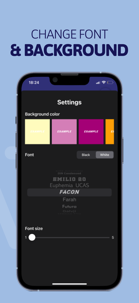 Learn English - Vocabulary - Settings screen for customizing font and background color in the Learn English Vocabulary app.