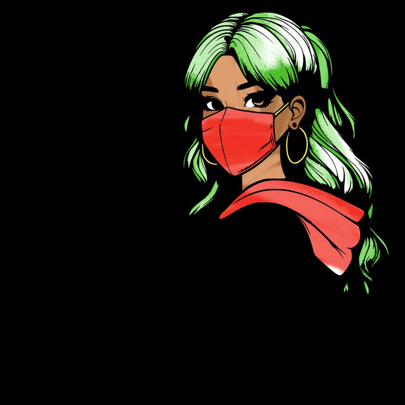 realistic girl with mask spray painting a wall