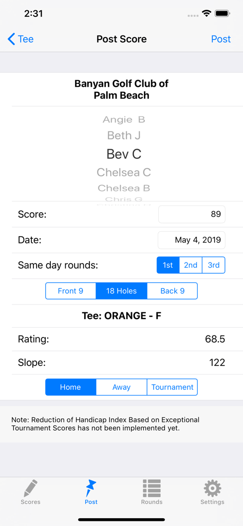 Interface for posting a golf score in a league app with course rating and slope data