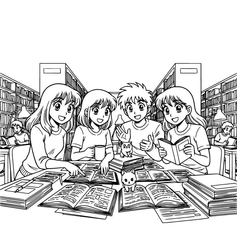 teenagers at a college library studying together at a table, include bookshelves and books, lamps, other people in background