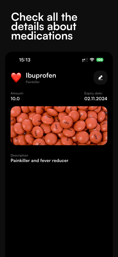 Pillo: Track Your Home Meds - Medication detail screen in the Pillo app showing the expiration date and photo for Ibuprofen