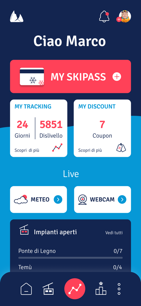 Schermata principale dell'app Pontedilegno-Tonale che mostra lo skipass e le statistiche di monitoraggio delle prestazioni