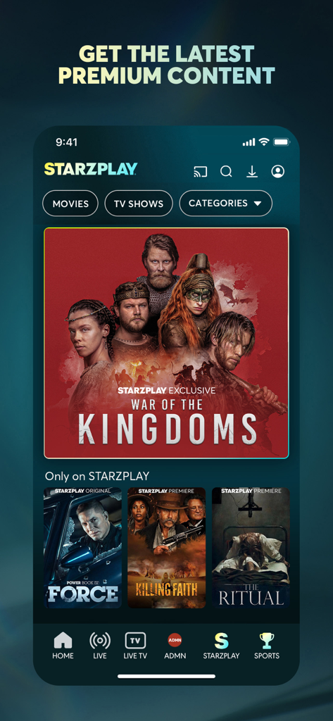 Interfaccia dell'app mobile STARZPLAY che mostra la schermata principale con film in primo piano come War of the Kingdoms e navigazione per sport e TV in diretta