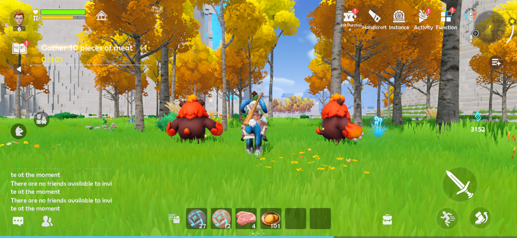Lightus - A player character riding a blue mount in a grassy field with autumn trees and creatures in the Lightus mobile game