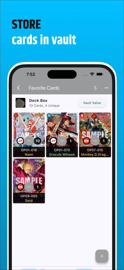 OP TCG Dex - Una captura de pantalla de la aplicación OP TCG Dex mostrando la función de bóveda digital con una colección de cartas de trading de One Piece