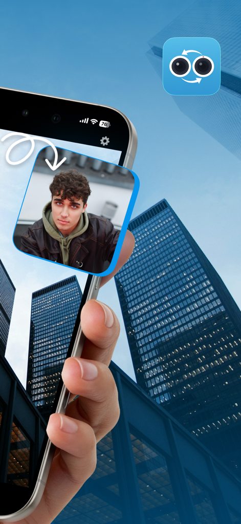 A person using the Double Camera Recorder app to film a skyscraper while simultaneously capturing their reaction in a picture-in-picture window.