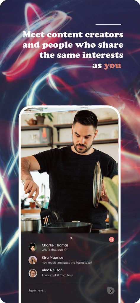 Katch - Events for Everyone - A screenshot of the Katch app showing a male content creator cooking during a live stream with a chat section below for community interaction