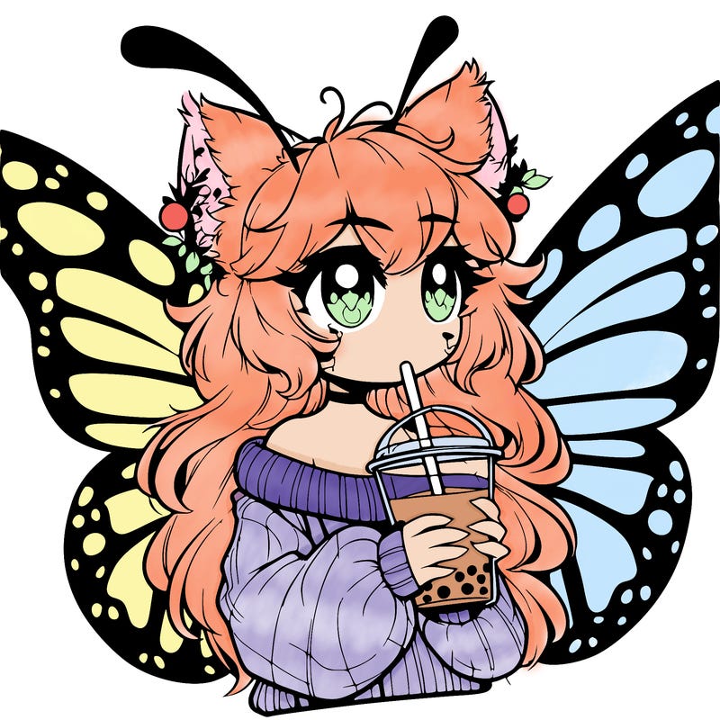 a realistic butterfly/furry girl drinking boba