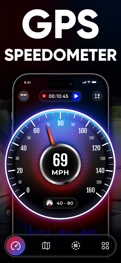 GPS Speedometer- Speed Tracker - Interface do aplicativo GPS Speedometer mostrando 69 MPH com medidores digitais e analógicos