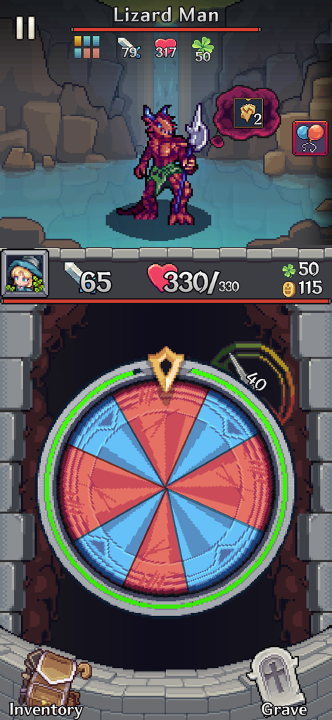 Spin Break: Roulette Battle - Pixel art boss battle against Lizard Man in Spin Break Roulette Battle featuring the combat roulette wheel