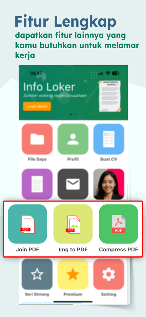 Lamaranku - Mobile interface of the Lamaranku app showcasing PDF management features like Join PDF, Image to PDF, and Compress PDF for resume building.