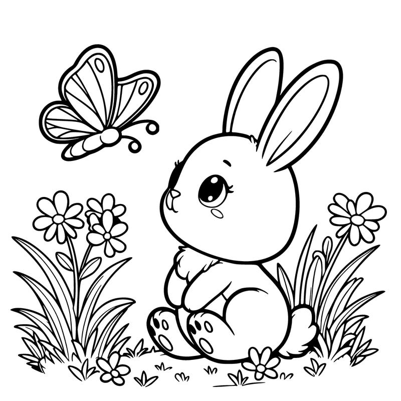 a cute bunny sitting up on its hind legs, watching a butterfly fluttering close by. the butterfly can be oversized to allow for more detailed coloring. a few blades of grass and flowers ground the scene. the lines should be thick and clear, without any shading, solid black or fine detail lines