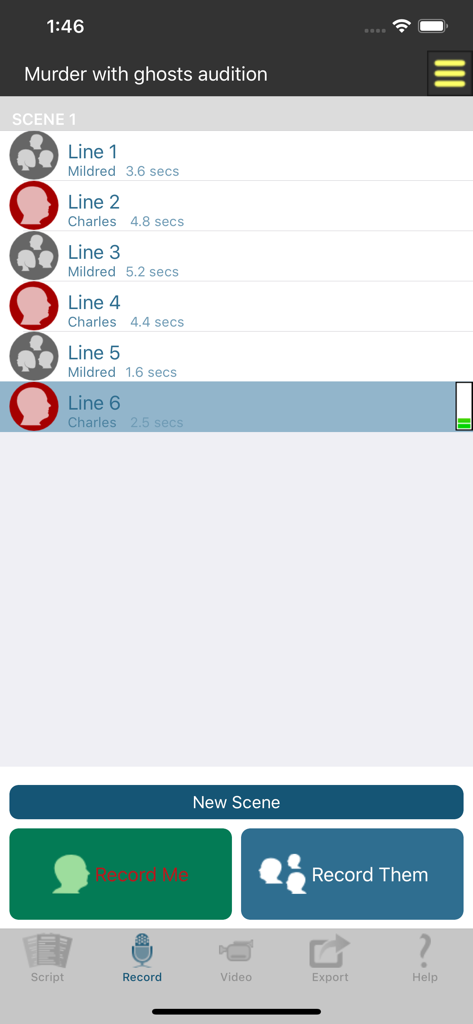 Audition Pro - A interface de gravação do aplicativo Audition Pro exibindo uma lista de falas do roteiro para dois personagens e opções de gravação.