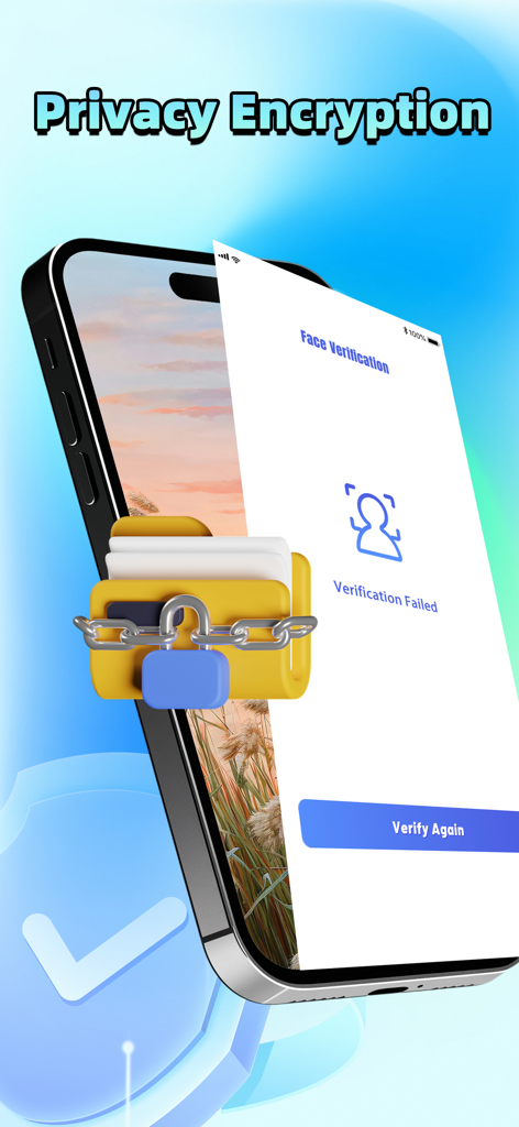 ロックされたファイルフォルダと顔認証画面を示すプライバシー暗号化機能。