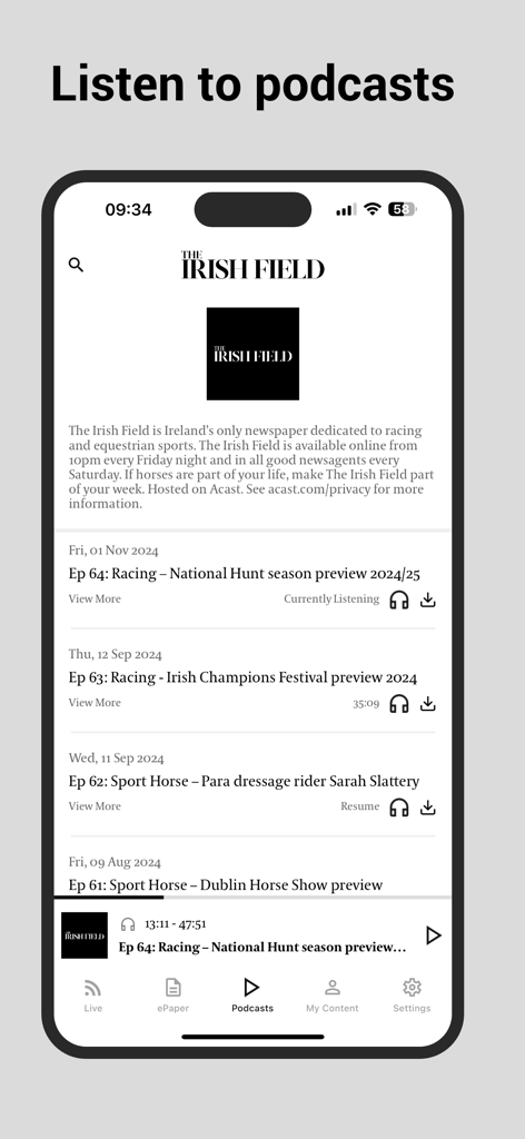 Uma captura de tela do aplicativo The Irish Field Live mostrando uma lista de episódios de podcasts equestres e de corridas de cavalos disponíveis para audição.