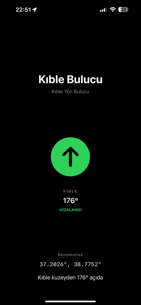 Minimalist dark mode interface of the Ad Free Qibla Finder app showing a green arrow pointing towards Mecca at 176 degrees
