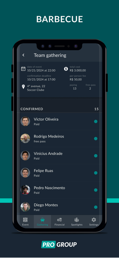Interface de l'application Chega+ montrant la planification d'un barbecue avec le statut de paiement des participants et les détails de l'événement pour un rassemblement d'équipe de foot.