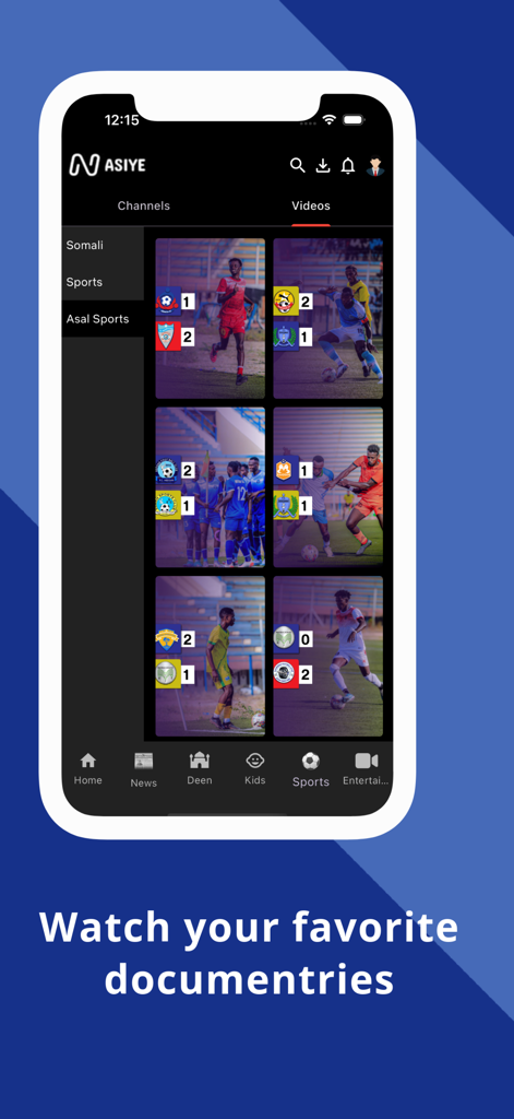 Nasiye mobile app interface showing soccer match highlights and sports videos