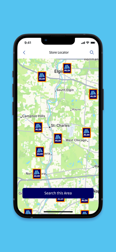 Map view of the ALDI USA app store locator showing multiple grocery store locations.