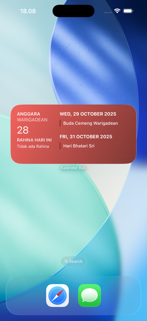 Kalender Bali app widget on an iPhone home screen showing upcoming Balinese Hindu holy days and calendar dates