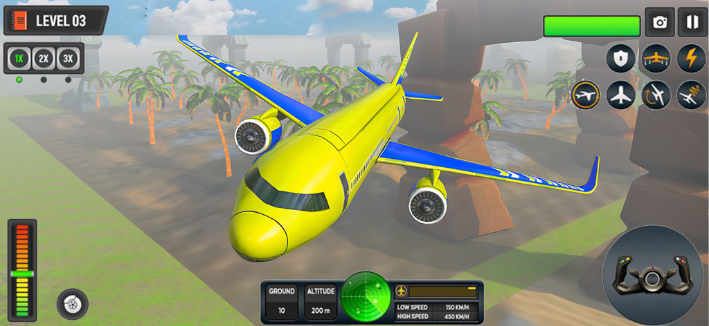 A yellow airplane flies through a large stone arch over a tropical island with game controls visible.