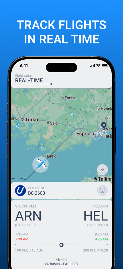 Real‑Time Flight Radar - Oberfläche der Echtzeit-Flugradar-App, die eine Live-Flugverfolgungskarte und Ankunftszeiten anzeigt.