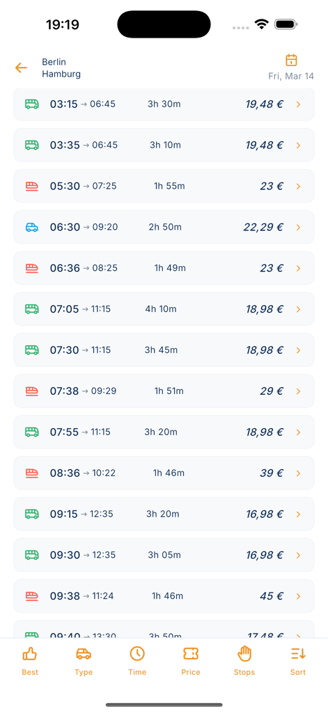 Mitfahren - List of bus, train, and rideshare travel options and prices for a trip from Berlin to Hamburg on the Mitfahren app.