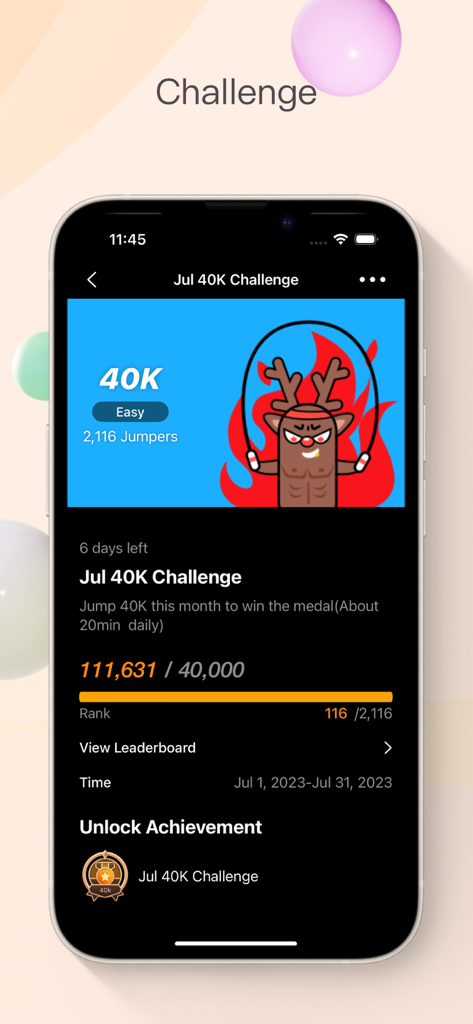 YaoYao app screen showing a monthly jump rope challenge with progress bar and rankings