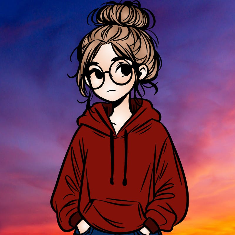 teen girl with a messy bun and glasses wearing a loose hoodie and jeans