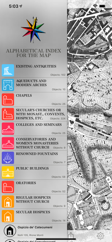 Nolli - Navigate Rome in 1748 - Índice alfabético de monumentos históricos y ubicaciones en el mapa de Roma de Nolli de 1748