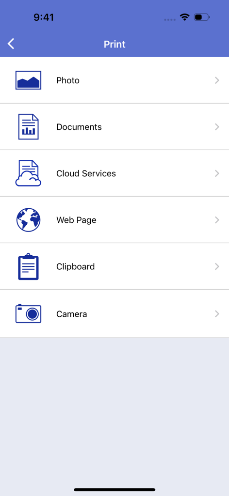 Tela principal do menu de impressão do aplicativo Brother iPrint e Scan mostrando opções para imprimir fotos, documentos, arquivos na nuvem, páginas da web e muito mais.