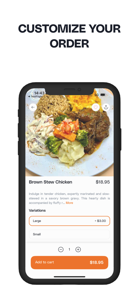 C’est Bon Creole Cuisine - Mobile app screen showing customization options for a Brown Stew Chicken dish including size variations and add to cart button.
