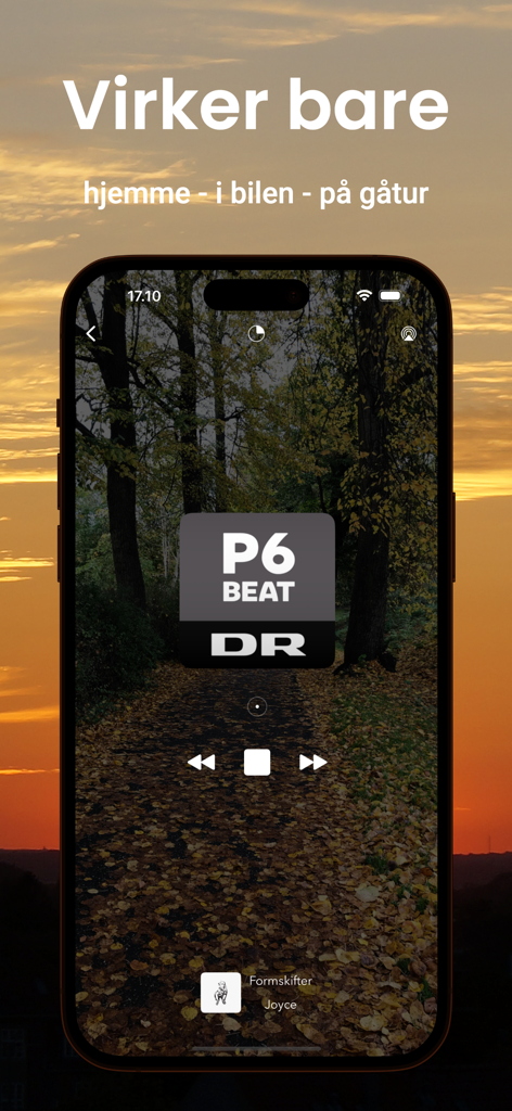 Interfaz de la aplicación Radio plus en un iPhone mostrando una emisora de radio danesa con un diseño minimalista y un fondo de bosque.