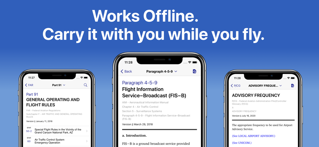 FAR/AIM - FAA Pilot Reference - FAR AIM app interface showing FAA pilot regulations with a focus on offline accessibility during flight