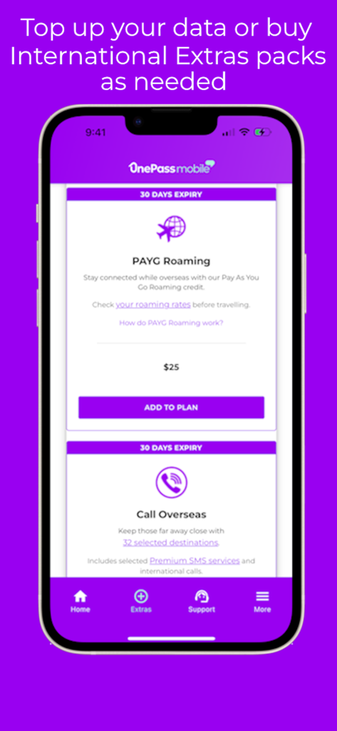 OnePass mobile - OnePass mobile app screen for purchasing international roaming and call packs