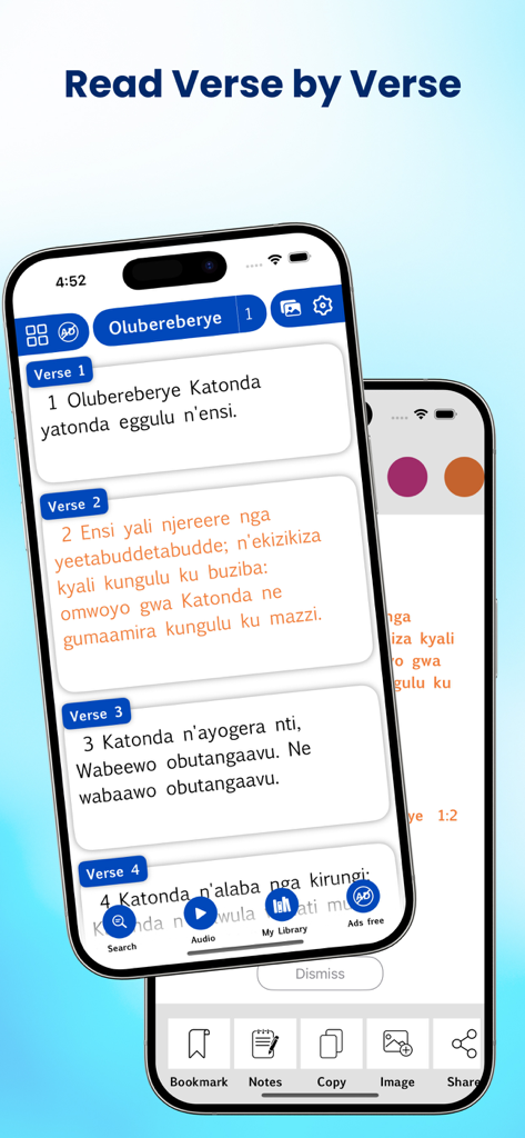 Luganda Holy Bible app showing a verse-by-verse reading interface on an iPhone