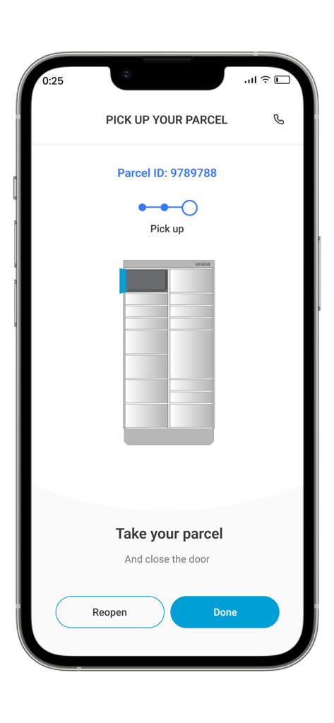 Ecrã da aplicação Naerboks mostrando instruções para recolher uma encomenda e um diagrama da localização específica do cacifo.