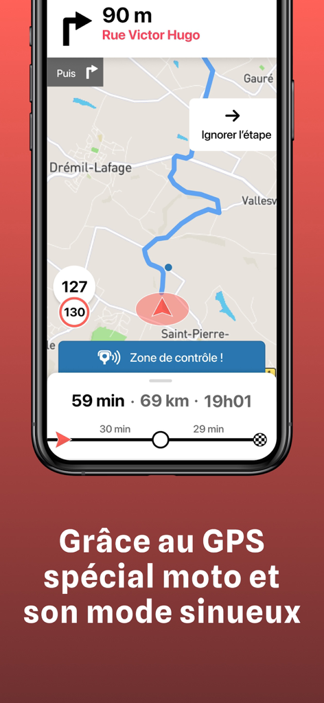 Liberty Rider - GPS moto & SOS - Liberty Rider motorcycle GPS navigation interface featuring winding road routes and speed alerts