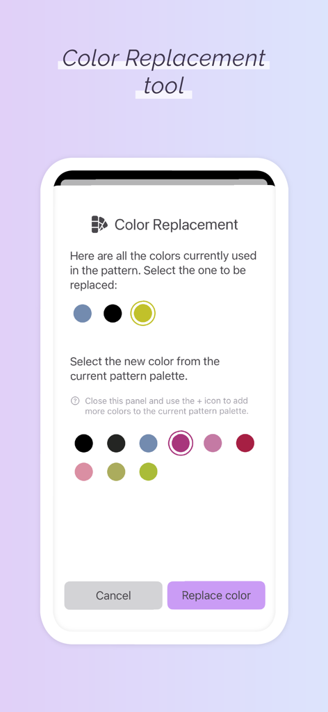 Interface of the color replacement tool in the Cross Stitch Pattern Maker app showing the color palette selection