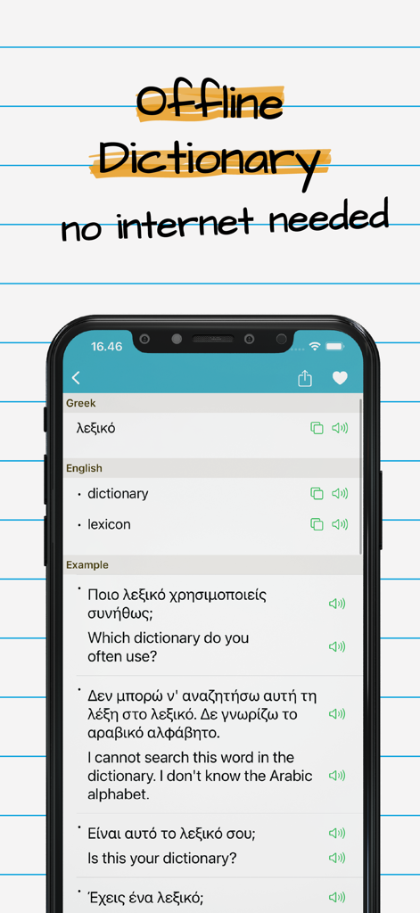 Greek English Dictionary Pro + - Greek English offline dictionary app interface showing translations and example sentences