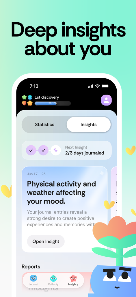 Interface do aplicativo Honestly exibindo insights de bem-estar personalizados e padrões de humor com base na atividade física e no clima.