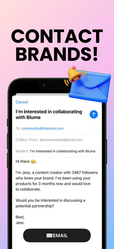 Écran de smartphone montrant une ébauche d'e-mail d'un créateur à une marque pour une proposition de collaboration