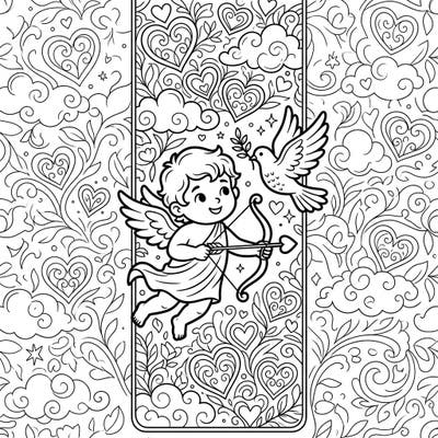 Embark on a delightful coloring journey with this charming bookmark featuring Cupid, the god of love, accompanied by a peaceful dove. This intricate design is perfect for creating a personalized marker for your favorite romantic tales or heartfelt gifts.