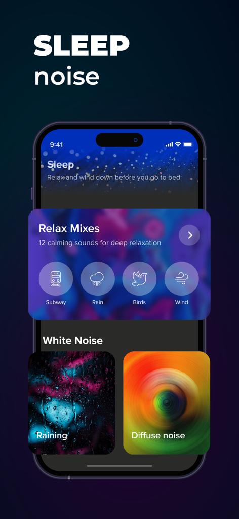 Mobile app interface for Feelsy showing sleep sounds and white noise options